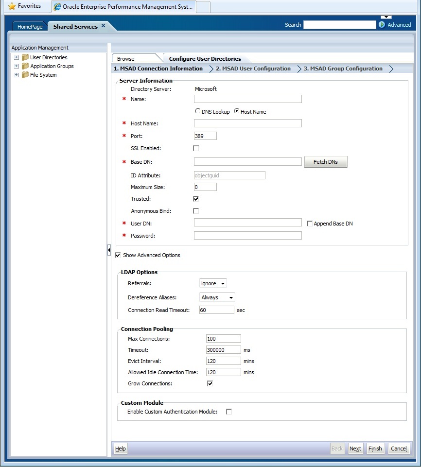 Ilustración de la pantalla Información de conexión del directorio de usuario para configurar Microsoft Active Directory como directorio de usuario externo