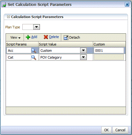 La imagen muestra la pantalla Parámetros de script de cálculo