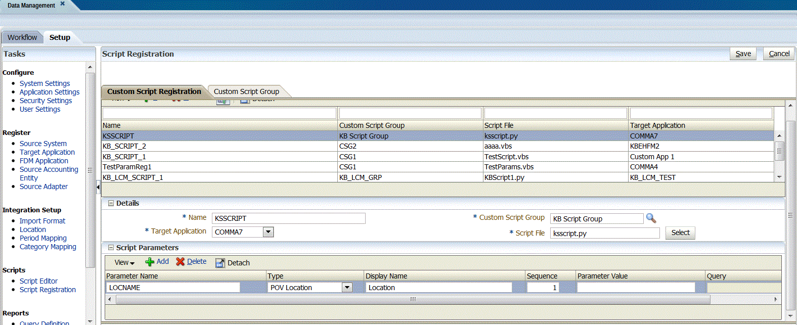 La imagen muestra la pestaña Registro de script personalizado.