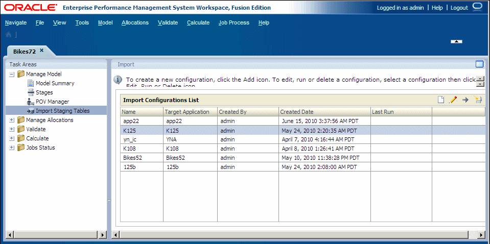 La pantalla de importación muestra las configuraciones de importación existentes y se utiliza para crear, modificar y suprimir configuraciones de importación.
