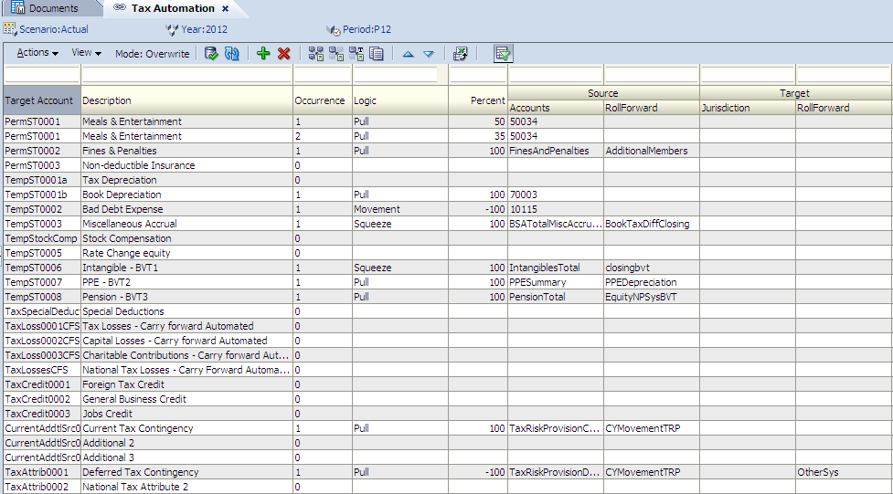 Pantalla Automatización de impuestos de ejemplo