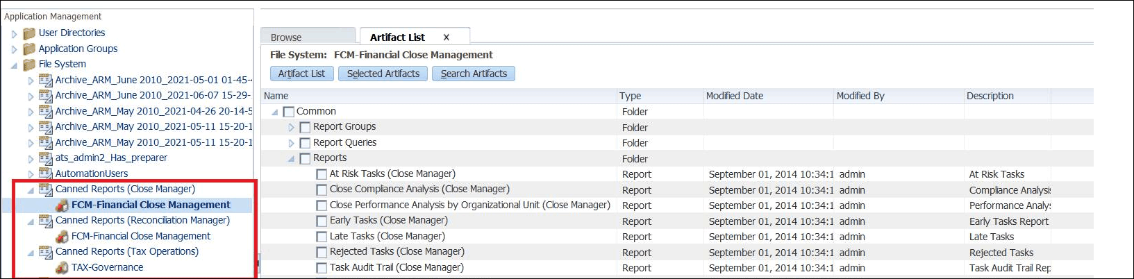 Système de fichiers de Shared Services montrant des rapports