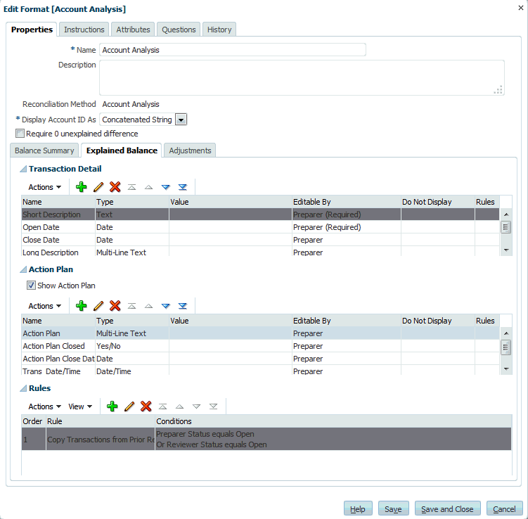 Il s'agit d'une capture d'écran de l'écran Format pour Analyse de compte.