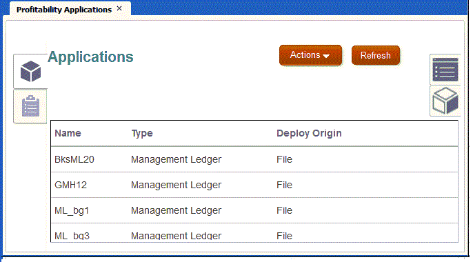 Le console d'applications Profitability dispose d'un bouton Actions et d'un bouton Actualiser.