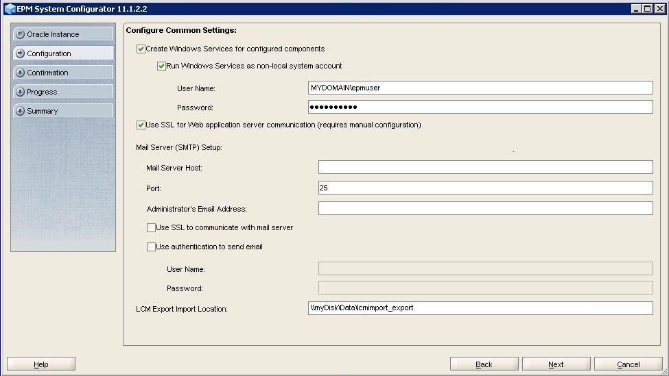 Schermata delle impostazioni comuni di EPM System in cui si selezionano le opzioni da abilitare per il server applicazioni, il server Web e il server di e-mail