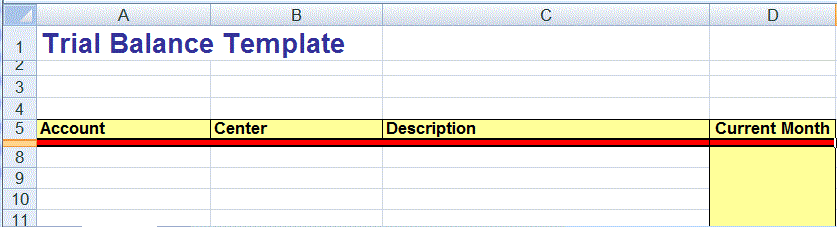 Immagine che mostra il template vuoto del bilancio di verifica di Excel