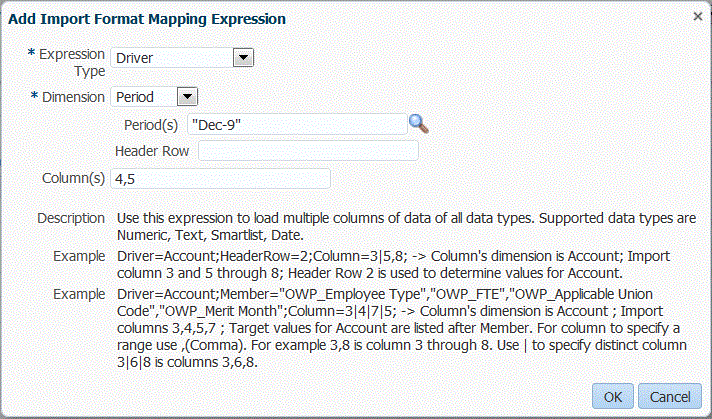 Immagine che mostra la schermata Aggiungi espressione mapping formati di importazione