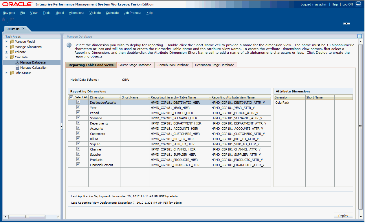 Utilizzare la scheda Gestione database per distribuire le viste dimensione.