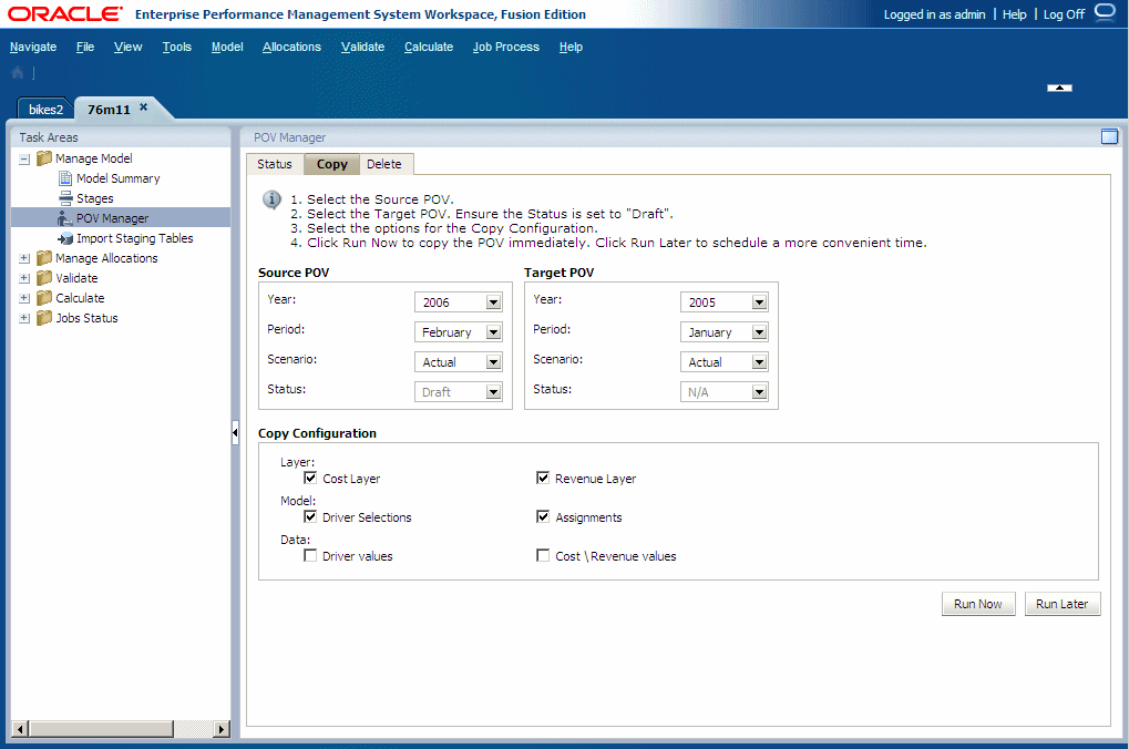 Utilizzare la schermata Copia di POV per selezionare origine e target per la copia del POV e per selezionare i dati da copiare.