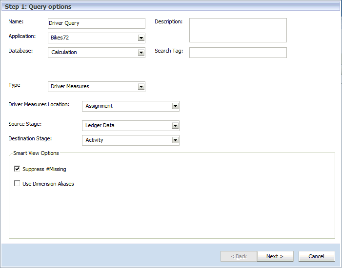 Immettere le opzioni query per la query Smart View.