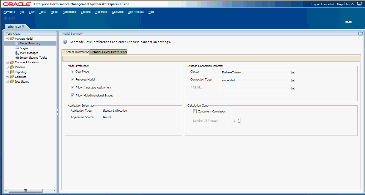 La scheda Preferenze a livello modello della finestra Riepilogo modello consente di impostare le preferenze a livello di modello, ad esempio la valuta e le assegnazioni intrastadio, nonché i dettagli di connessione per Essbase.