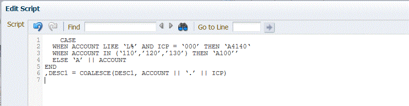 SQL 기반 매핑 스크립트를 사용한 스크립트 편집 화면 이미지