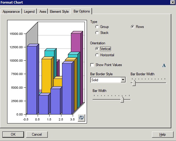 유형 옵션으로 행을 표시하는 원래 차트 작성 엔진의 막대 옵션 탭