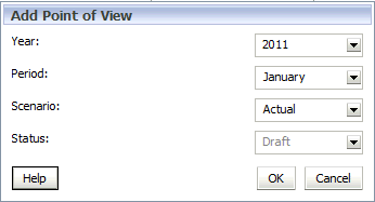 [POV 추가] 대화상자에서 연도, 기간 및 시나리오를 선택합니다.