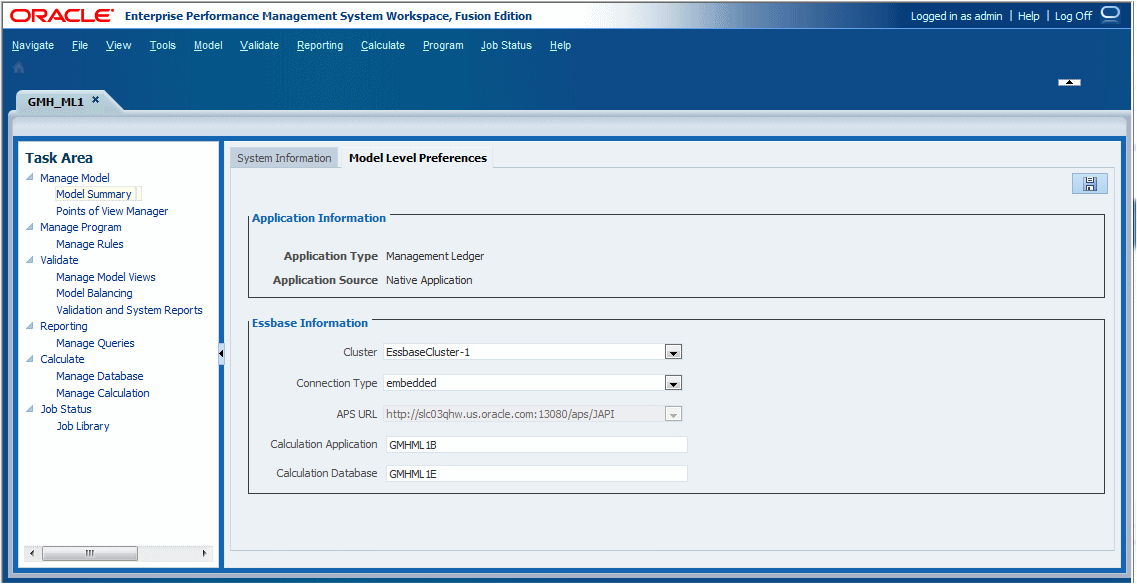 [모델 요약] 창의 [모델 레벨 환경설정] 탭은 애플리케이션 유형 및 소스와 Essbase 연결 세부정보를 검토하는 데 사용됩니다.