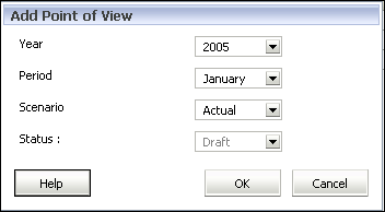 [POV 추가] 대화상자에서 연도, 기간 및 시나리오를 선택합니다.