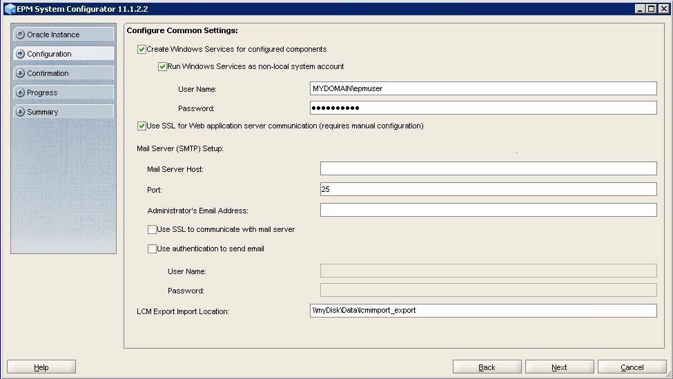 Tela de configuração comuns do EPM System, onde você seleciona opções para habilitar o servidor de aplicativos, o servidor Web e o servidor de e-mail