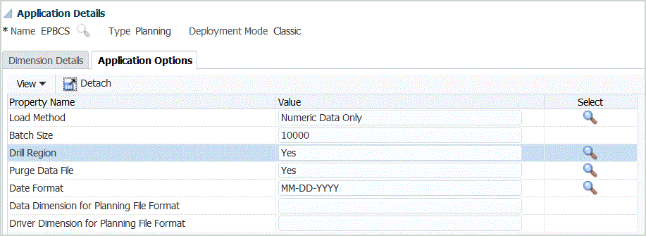 A imagem mostra a tela Região de Drill na tela Opções de Aplicativo.
