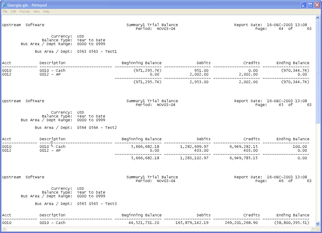 A imagem mostra o conteúdo do arquivo Georgia.glo General Ledger. Os valores da entidade estão incluídos em um cabeçalho no topo de cada seção do relatório.