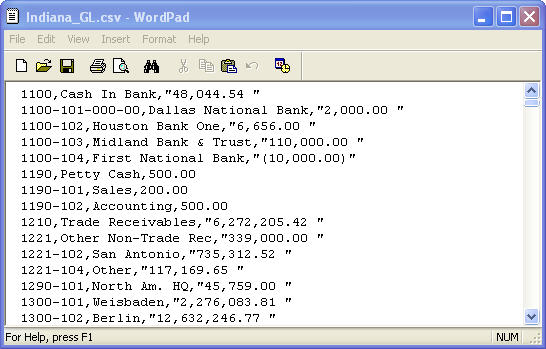 A imagem mostra um arquivo General Ledger separado por vírgulas descrito no texto anterior à imagem.