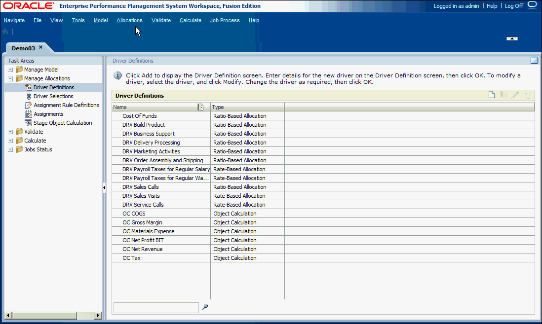 A tela Definição do Driver exibe o nome e o tipo de cada driver.