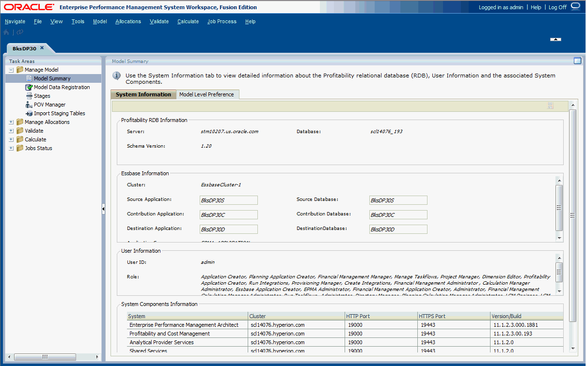 A Janela de Resumo do Modelo exibe as Informações do Sistema, como Informações de RDB do Profitability, Informações do Usuário e Informações de Componentes do Sistema. Também é possível selecionar a guia Preferência de Nível do Modelo para definir as preferências de exibição.