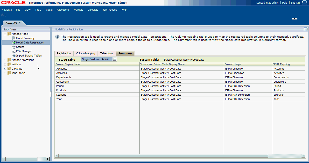 Use a guia Resumo para exibir as tabelas de pesquisa e de mapeamento associadas para a tabela de Estágio selecionada.