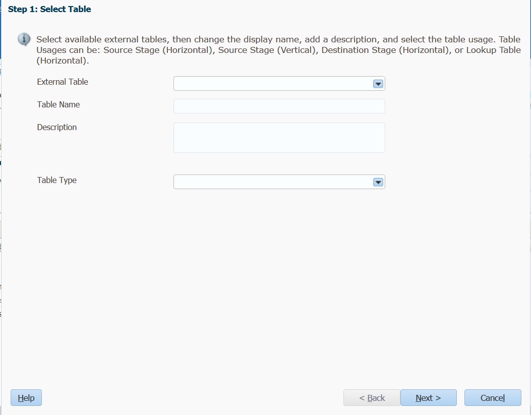 Selecione uma tabela externa e informe os detalhes, como o nome e a descrição da nova tabela e, em seguida, selecione o tipo de tabela