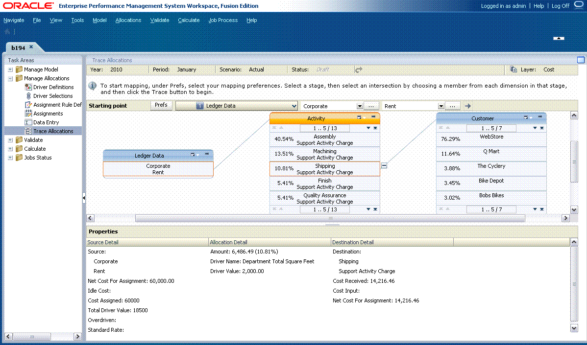 Rastrear Detalhes de Alocação exibe as alocações diretas da interseção selecionada.