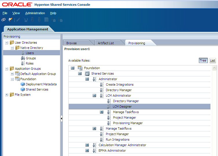 Função Designer de LCM no Shared Services Console