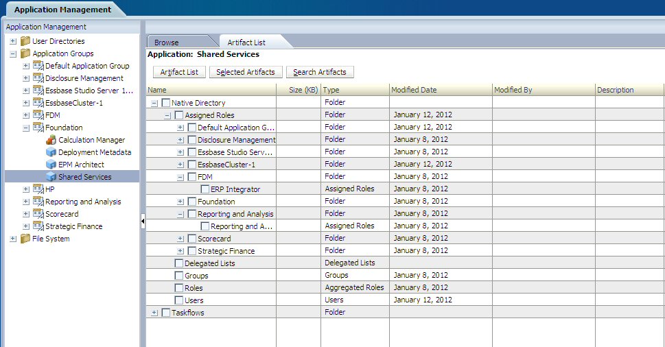 Esta imagem ilustra onde localizar os artefatos de provisionamento no Shared Services Console.