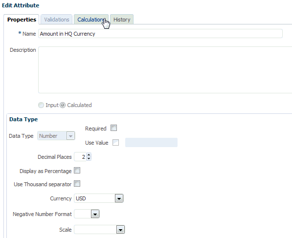 「特性」對話方塊,顯示計算屬性「以 HQ 幣別計價的金額」。 「特性」對話方塊,顯示計算屬性「以 HQ 幣別計價的金額」。