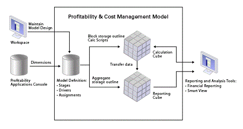 模型中繼資料可供建立 Profitability and Cost Management 模型時使用，而計算結果則可以用多種報表與分析工具輸出。