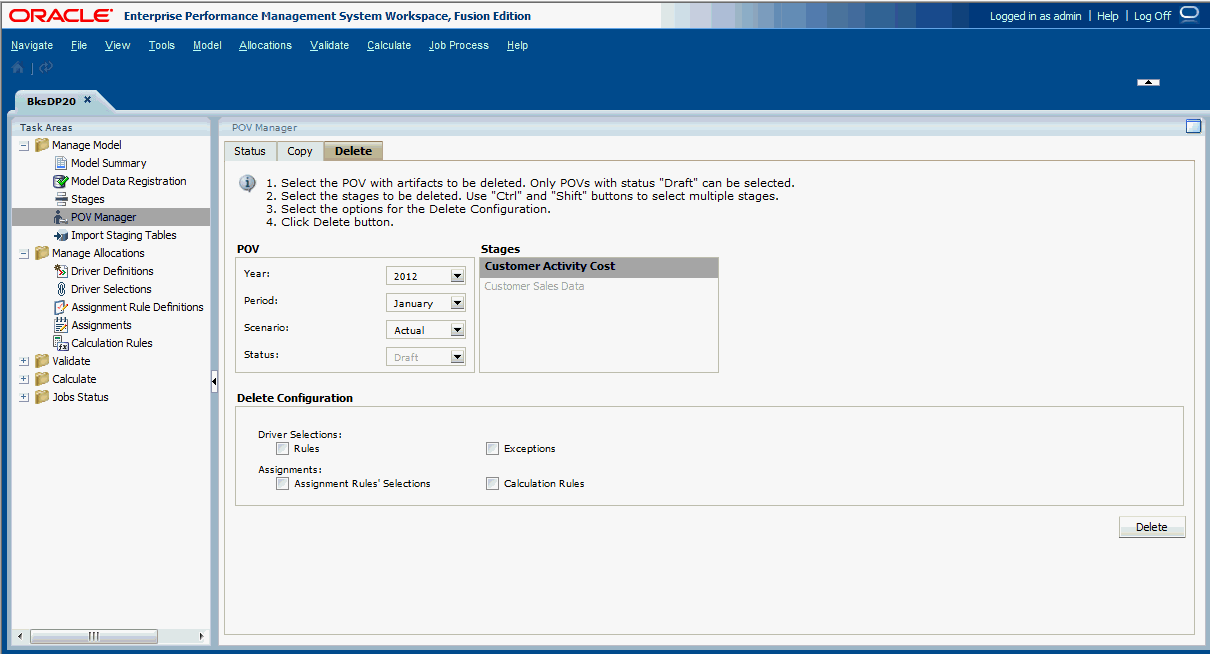 使用「POV 管理員」視窗的「刪除」頁籤，可以從 POV 刪除所選取的物件。