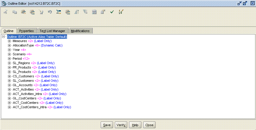 Essbase 主控台顯示階層大綱中排列的一系列維度。 Essbase 主控台顯示階層大綱中排列的一系列維度。