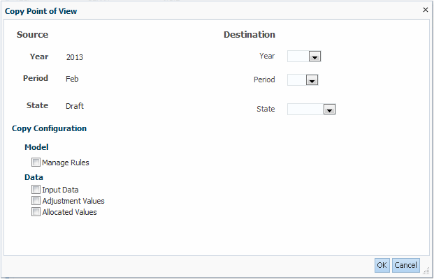 「管理分類帳」應用程式的「複製檢視點」對話方塊。從「目標 POV」的下拉清單進行選取，然後選取「複製組態」選擇中所要的核取方塊。