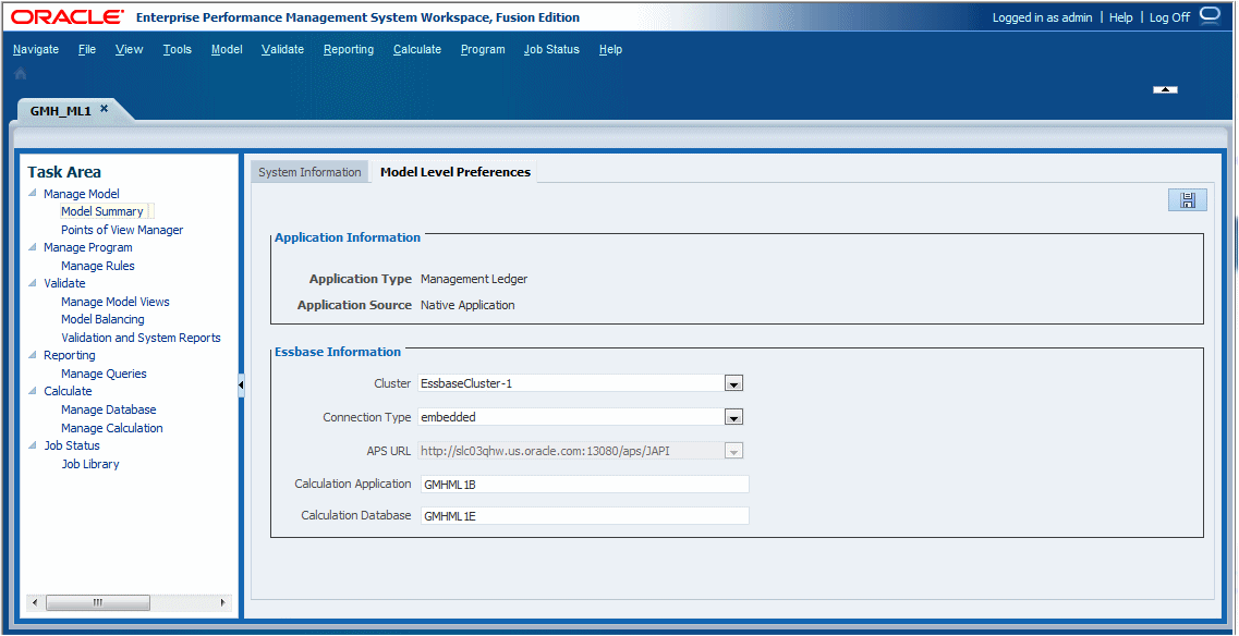「模型摘要」視窗的「模型層級偏好設定」頁籤可用來複查應用程式類型和來源以及 Essbase 連線詳細資料。