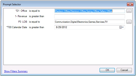 Prompt Selector Dialog Box with Selections for Office, Line of business, and Calendar Date