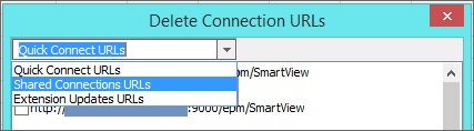 A snippet from the Delete Connection URLs dialog, showing the drop-down menu from the text box with the Extension Updates URLs option selected