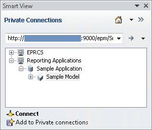 The Smart View Panel in Excel upon initially connecting to Enterprise Performance Reporting Cloud, shows the default nodes, EPRCS and Reporting Applications; under Reporting Applications is the Sample Applications node, and then the Sample Model