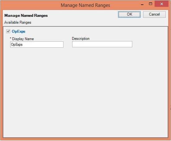 Manage Named Ranges dialog for reference files, with editable fields for Display Name and Description.