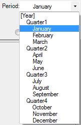 Period dimension showing drop-down list months listed by quarters