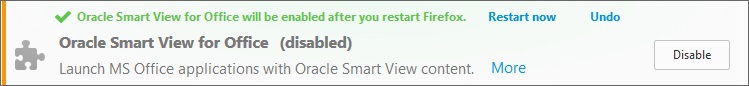 Oracle Smart View for Office entry in list of extensions now showing the Disable button. A message indicates that the extension will be enabled after restarting Firefox. A Restart now link can also be clicked to immediately initiate the restart.