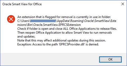 Message that displays when an Office application is open during an extension update. It states that users should close all Office applications, then reopen Office to allow Smart View to run the extension updates.