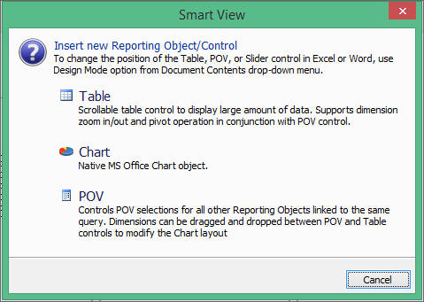 The Insert New Reporting Object/Control dialog box, where you can pick the POV option.