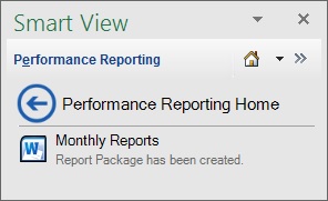 Performance Reporting Home displaying a link to the newly-created report package. You can also click the left arrow to return to the main Performance Reporting Home.
