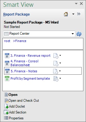 The Open and Check Out command is shown in the Action Panel after selecting a doclet in the report package.
