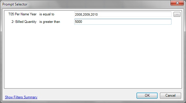 A filled-in Prompt Selector dialog box. The years 2008, 2009, and 2010 are selected to be displayed, and all Billed Quantity amounts over $5,000.