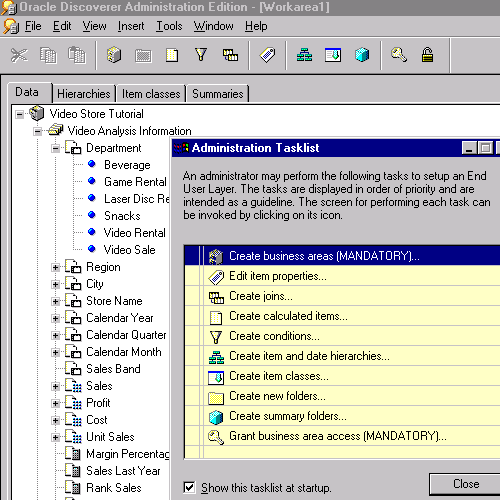Discoverer Administrator Data Workarea, Administration Tasklist