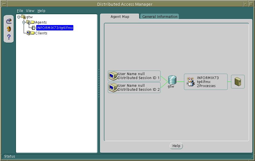 This illustration 
shows a screen  shot of the Distributed Access Manager view of a session. 
The view includes buttons for interacting with the program as follows: 
� connecting the user to the non-Oracle database 
� refreshing the screen 
� activating the help system 
The view also includes a diagram representing a file tree of all agents 
currently registered on the Oracle instance.  The listing of clients is 
also available on this tree. Finally, the view includes a diagram 
representing the particular active agent highlighted in the file tree. 
The diagram shows client sessions with respective user names and session IDs 
connecting to an instance of the Oracle database server.  It also shows 
the instance of the Oracle database server connecting to a gateway, and 
the gateway connecting to a data repository.  The picture representing 
the gateway changes to show if it is active and how many processes are 
running on it.